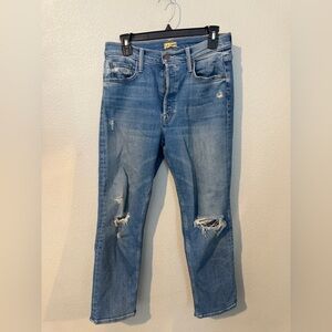 MOTHER Women's Blue Distressed the Tomcat Straight Leg Jeans